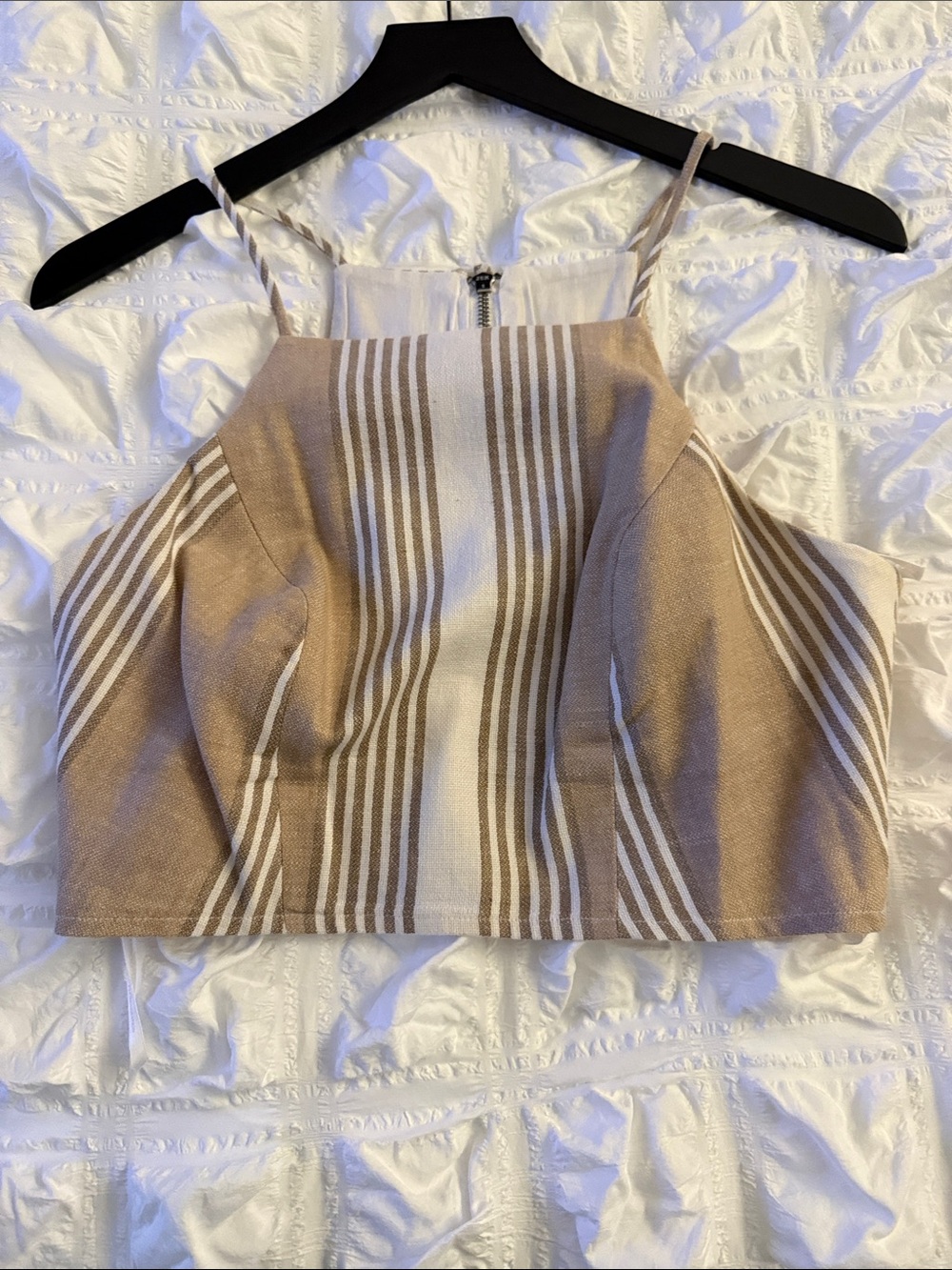 BCBGeneration Beige and White Striped Square-Neck Crop Top
